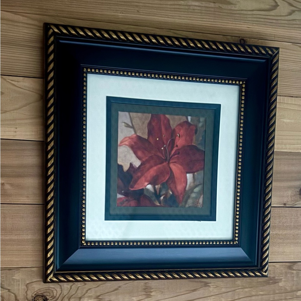 Framed Red Lily Floral Art Print in Decorative Black & Gold Frame - Picture 7 of 8